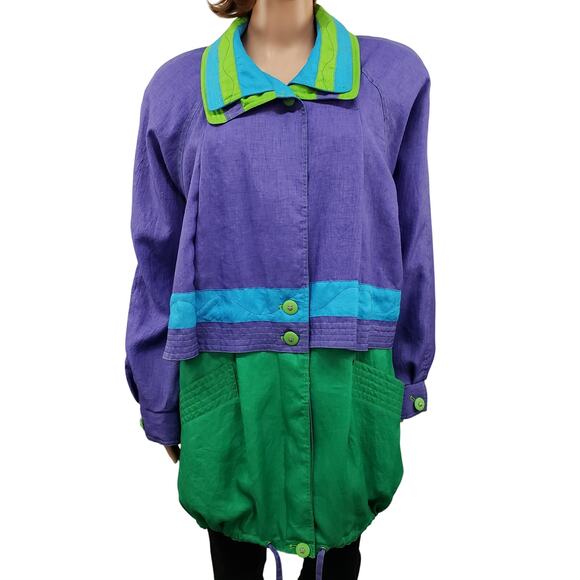 Vintage 80s 90s JGallery Colorblock Windbreaker Parka Trench Purple Green Blue L - Picture 4 of 12